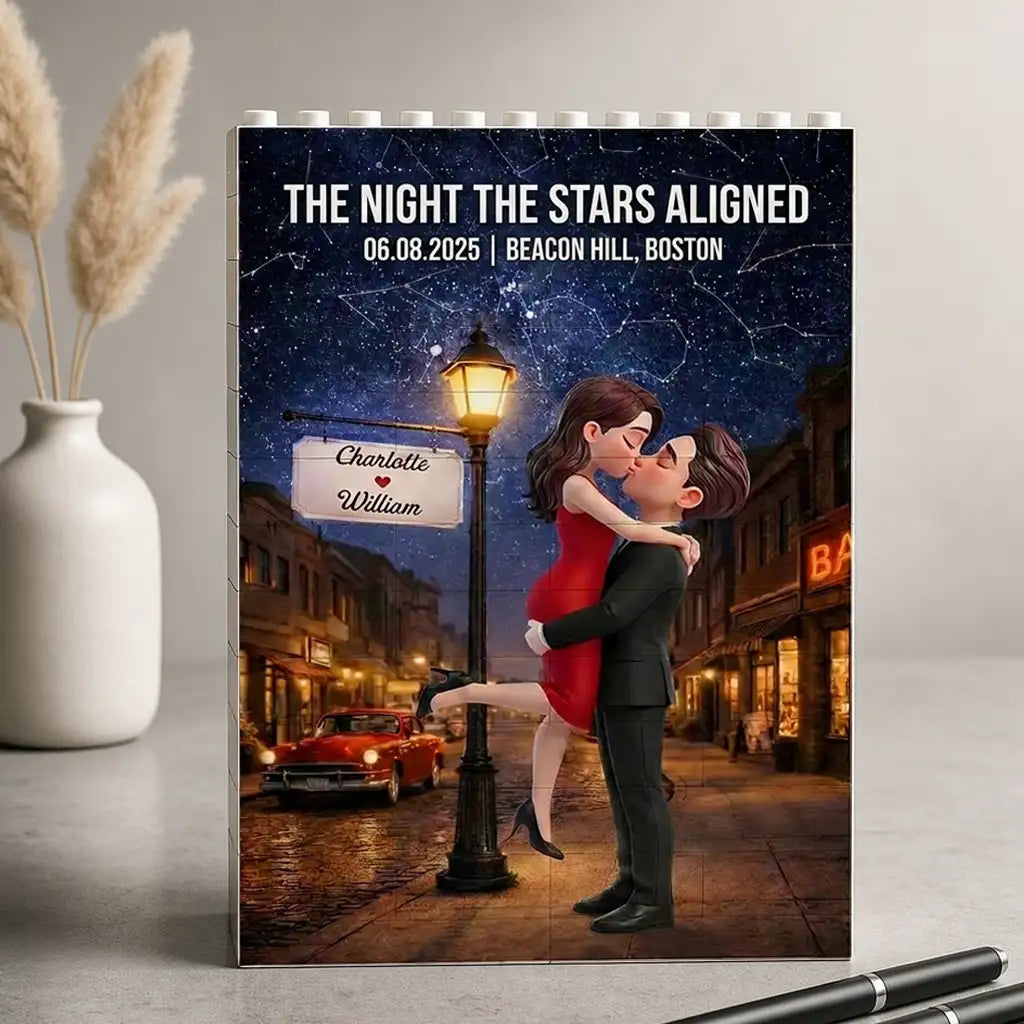 Personalized Building Brick Puzzle With Kissing Couple, Starry Night Unique Creative Gift for Couple