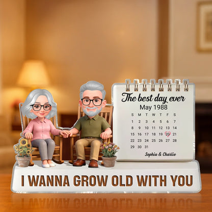 Personalized Shaped Acrylic Block Plaque with Couple Holding Hands and Calendar Scene, Unique Anniversary Gift for Wife or Husband