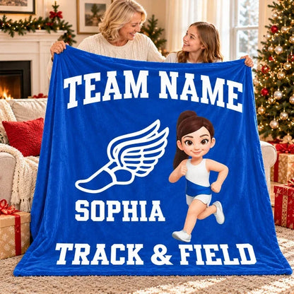 Personalized Track & Field Fleece Blanket, Red Running Girl Design, Unique Gift for Young Athletes