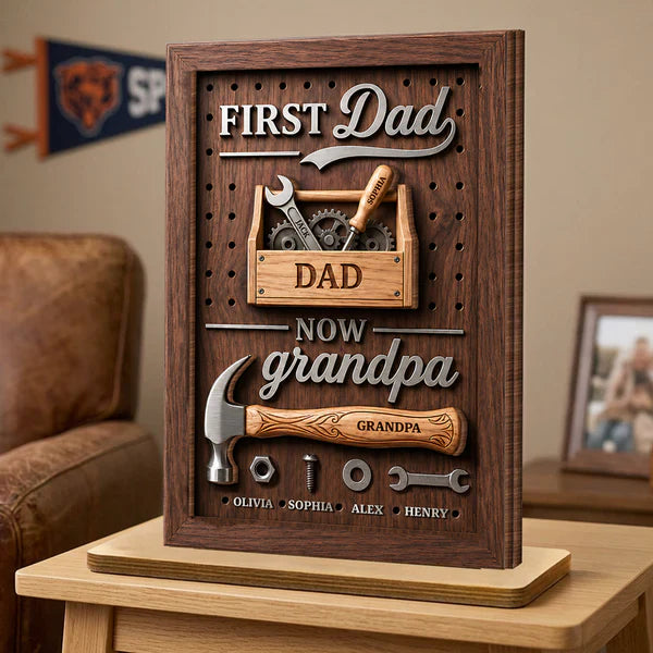 2-Layer Wooden Plaque Personalized First Dad Now Grandpa Tool Box Gift for Dad, Unique Grandpa Keepsake