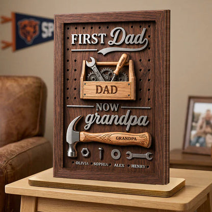 2-Layer Wooden Plaque Personalized First Dad Now Grandpa Tool Box Gift for Dad, Unique Grandpa Keepsake