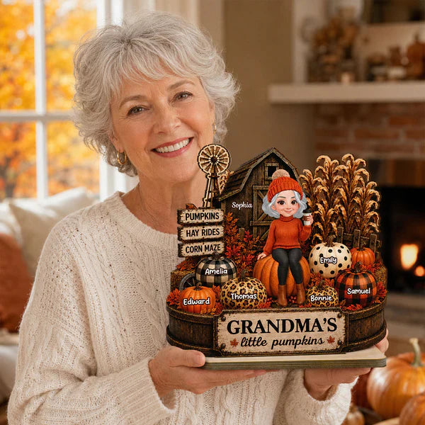Personalized 2-Layer Wooden Plaque, Grandma Holding Coffee in Warm Autumn Farm Scene, Unique Gift
