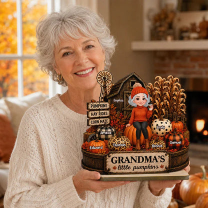 Personalized 2-Layer Wooden Plaque, Grandma Holding Coffee in Warm Autumn Farm Scene, Unique Gift