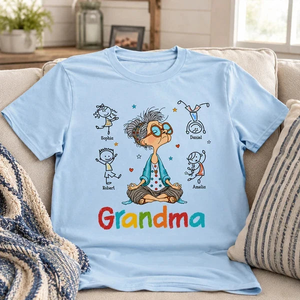 Personalized Grandma Classic Tee, Meditating Cartoon Grandkids Design, Unique Creative Gift for Grandma