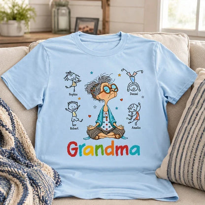 Personalized Grandma Classic Tee, Meditating Cartoon Grandkids Design, Unique Creative Gift for Grandma