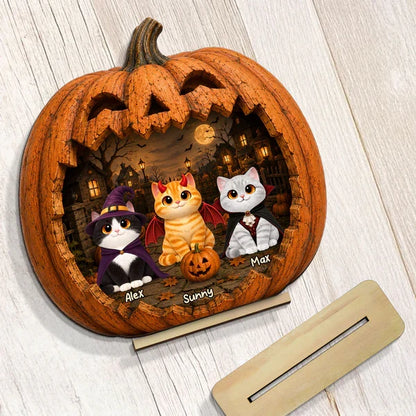 Custom 2-Layer Wooden Plaque, Moonlit Pumpkin Cat Keepsake, Unique Creative Gift for Pet Owners