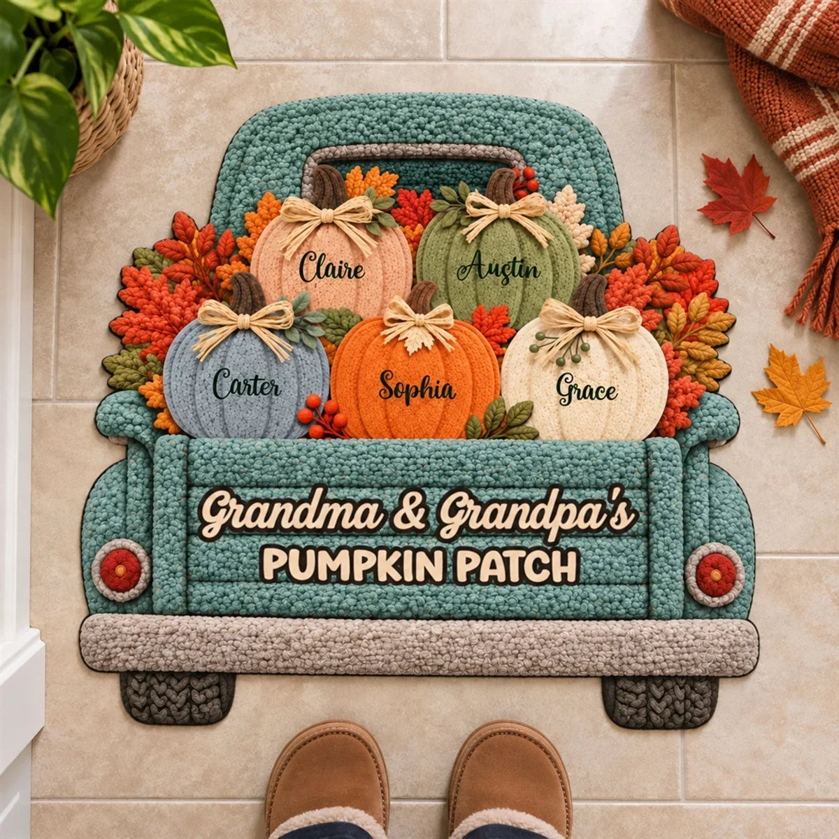 Personalized Shaped Doormat, Autumn Pumpkin Truck Decor, Unique Gift for Grandma and Grandpa