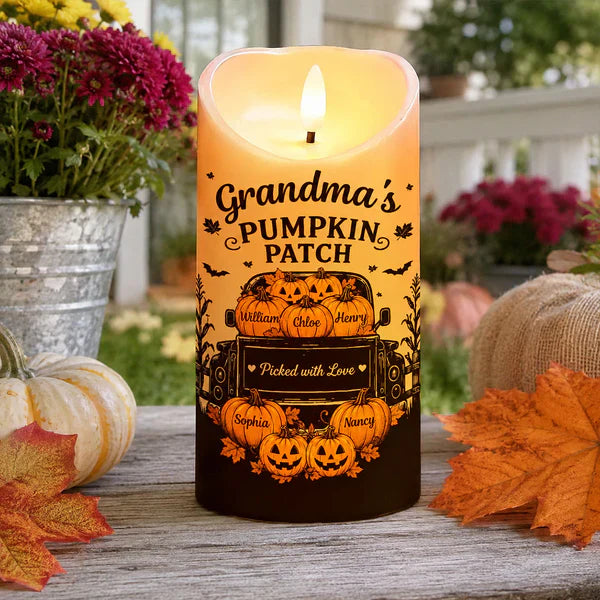 Personalized Flameless LED Candle, Grandma's Pumpkin Patch Pumpkins & Truck, Unique Gift for Grandma