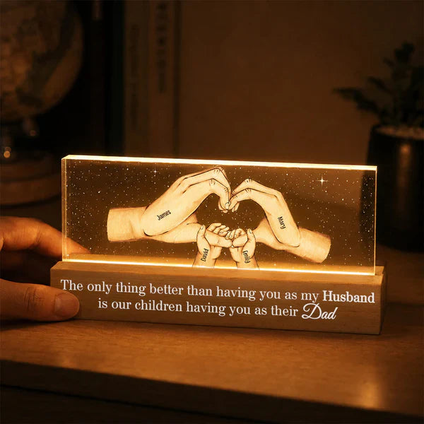 Personalized Block LED Light Plaque for Dad, Family Hands Warm Night Light, Unique Father's Day Gift