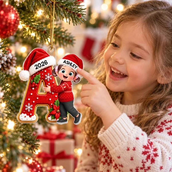 Acrylic Ornament with Joyful Girl Hugging a Letter, Personalized Christmas Keepsake, Creative Gift for Granddaughter