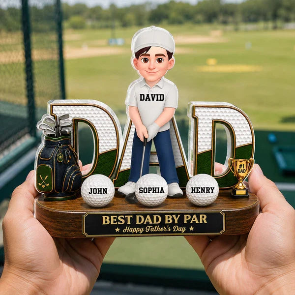 Personalized Golf Dad Plaque with Cartoon Golfer on Sunlit Course, Creative Gift for Husband & Golf Lovers