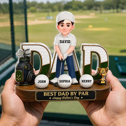 Personalized Golf Dad Plaque with Cartoon Golfer on Sunlit Course, Creative Gift for Husband & Golf Lovers