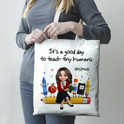 Personalized Teacher Tote Bag, Tiny Humans Classroom Illustration, Unique Back To School Gift