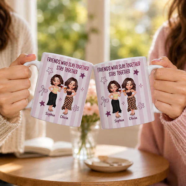 Personalized White Ceramic Mug, Pastel Cartoon Best Friends Holding Drinks, Unique Creative Gift