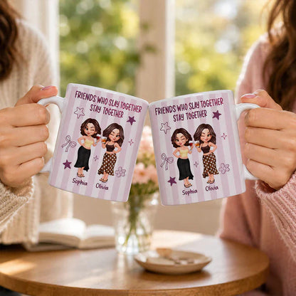 Personalized White Ceramic Mug, Pastel Cartoon Best Friends Holding Drinks, Unique Creative Gift