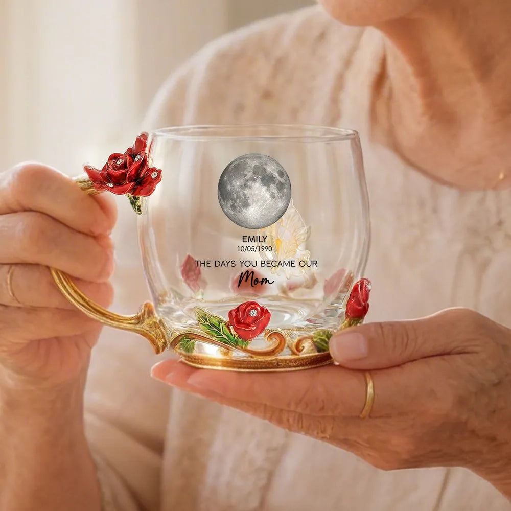 Personalized Enamel Flower Tea Cup with Custom Moon Phase for Mom - A Unique Gift That Celebrates Her Story