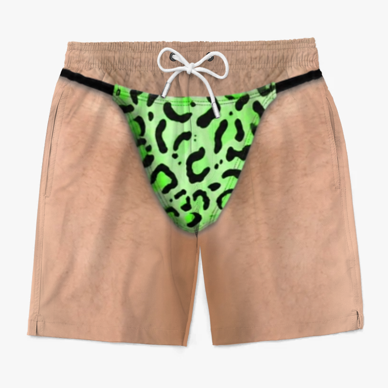 Personalized Men's Beach Shorts with Funny Faux Thong Print, Custom Skin Tone and Underwear Color, Novelty Gift for Him
