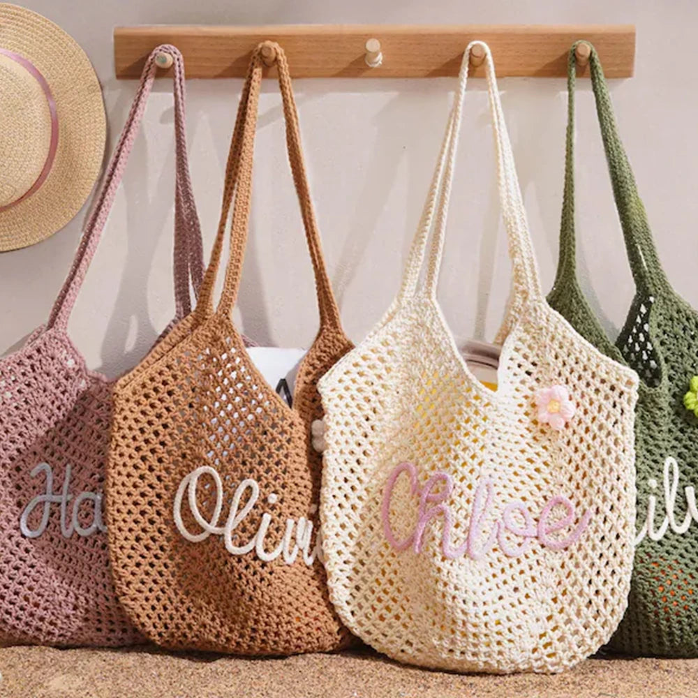 Personalized Embroidered Crochet Tote Bag for Her, Custom Name Beach Carryall, Summer Gift for Friends