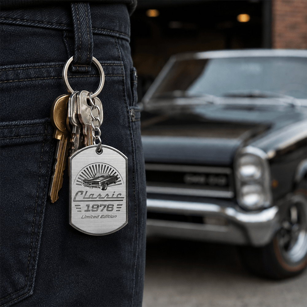 Personalized Metal Keychain with Vintage Classic Car, Monochrome Keepsake and Unique Gift for Car Enthusiasts