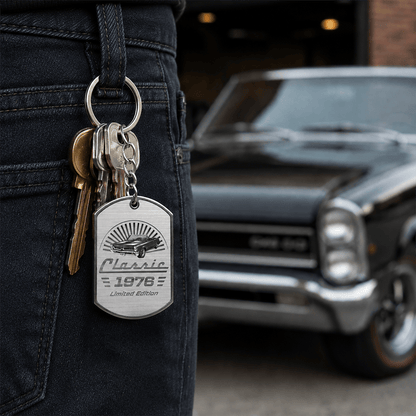 Personalized Metal Keychain with Vintage Classic Car, Monochrome Keepsake and Unique Gift for Car Enthusiasts