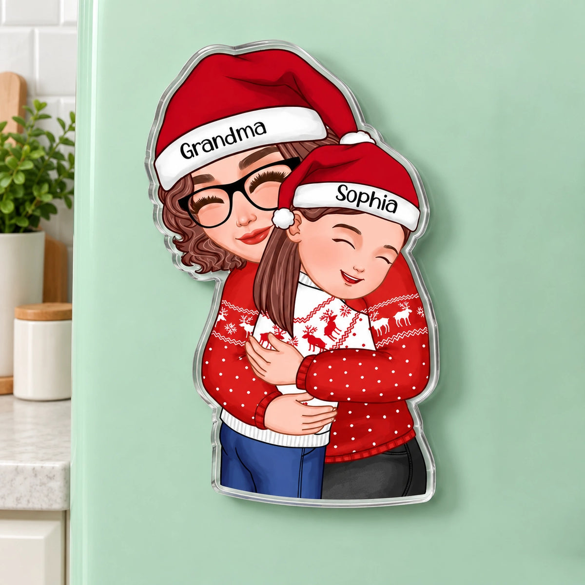 Personalized Grandma & Granddaughter Christmas Acrylic Magnet, Custom Name Hugging Gift for Grandma