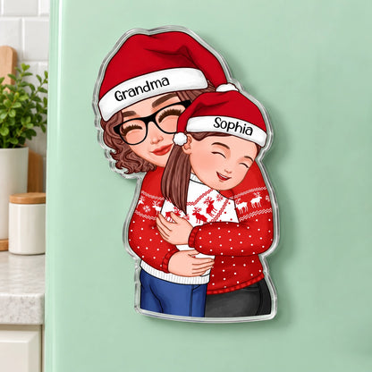 Personalized Grandma & Granddaughter Christmas Acrylic Magnet, Custom Name Hugging Gift for Grandma