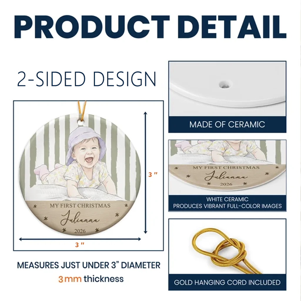Personalized Ceramic Ornament, AI-Styled Smiling Baby Photo, First Christmas Keepsake, Unique Gift for Parents