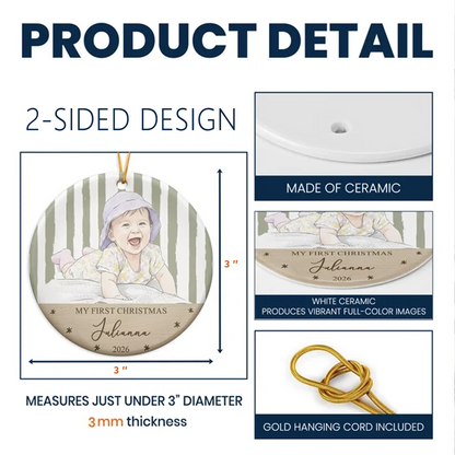 Personalized Ceramic Ornament, AI-Styled Smiling Baby Photo, First Christmas Keepsake, Unique Gift for Parents