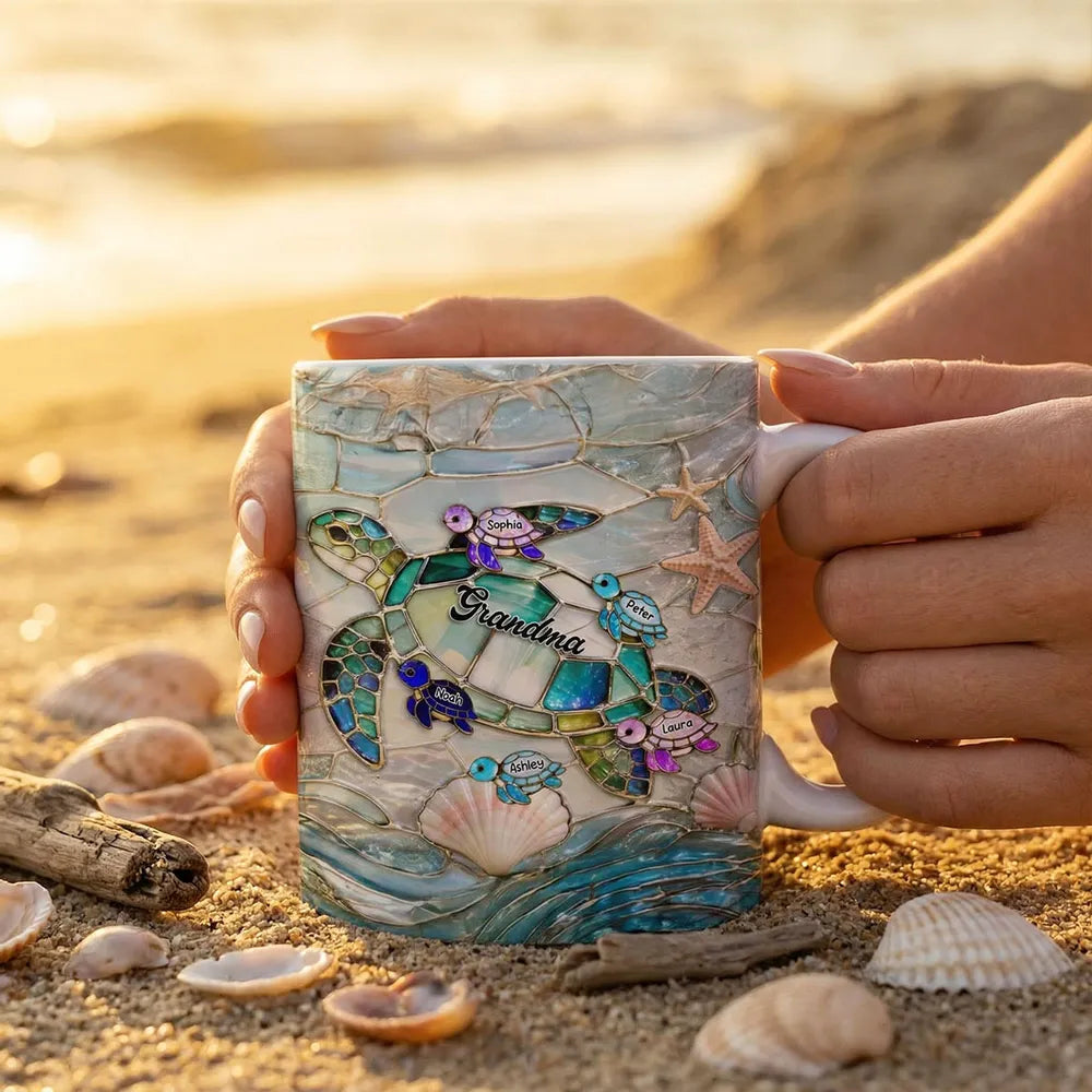 Personalized Sea Turtle Stained Glass Style Ceramic Mug for Mom - Ocean Beach Coffee Gift for Mother's Day