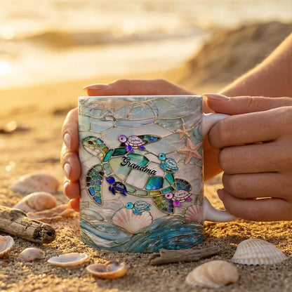 Personalized Sea Turtle Stained Glass Style Ceramic Mug for Mom - Ocean Beach Coffee Gift for Mother's Day