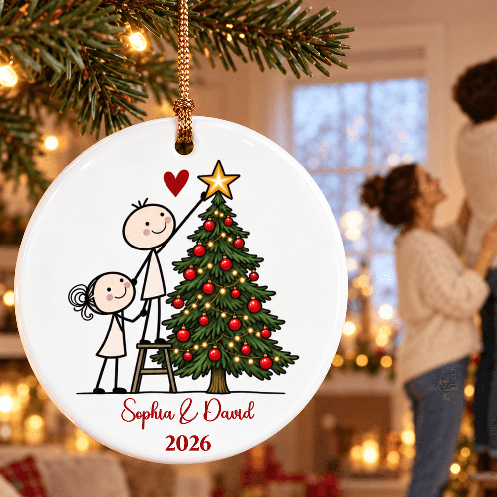 Personalized Ceramic Ornament, Cute Couple Holding Hands by a Christmas Tree, Unique Gift for Partners