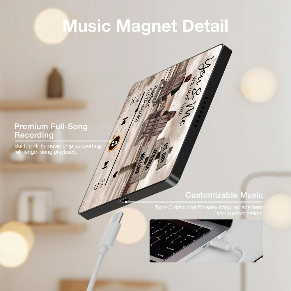 Acrylic music magnet with coastal couple illustration, customizable design, warm décor vibe, perfect gift for partners