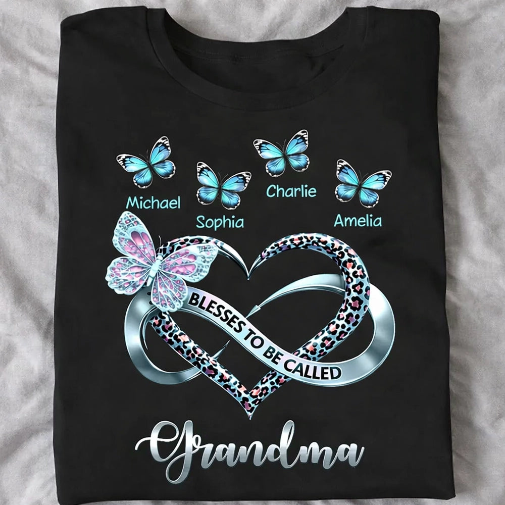 Personalized Grandma Classic Tee with Butterfly Names and Heart Design - Unique Mother's Day Gift