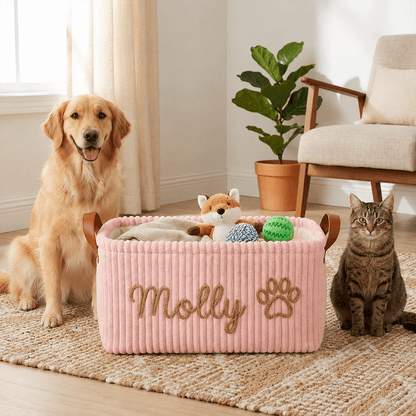 Crochet Corduroy Rope Basket, Custom Embroidered Effect Dog Toy Storage for Cozy Room, Unique Gift for Dog Mom