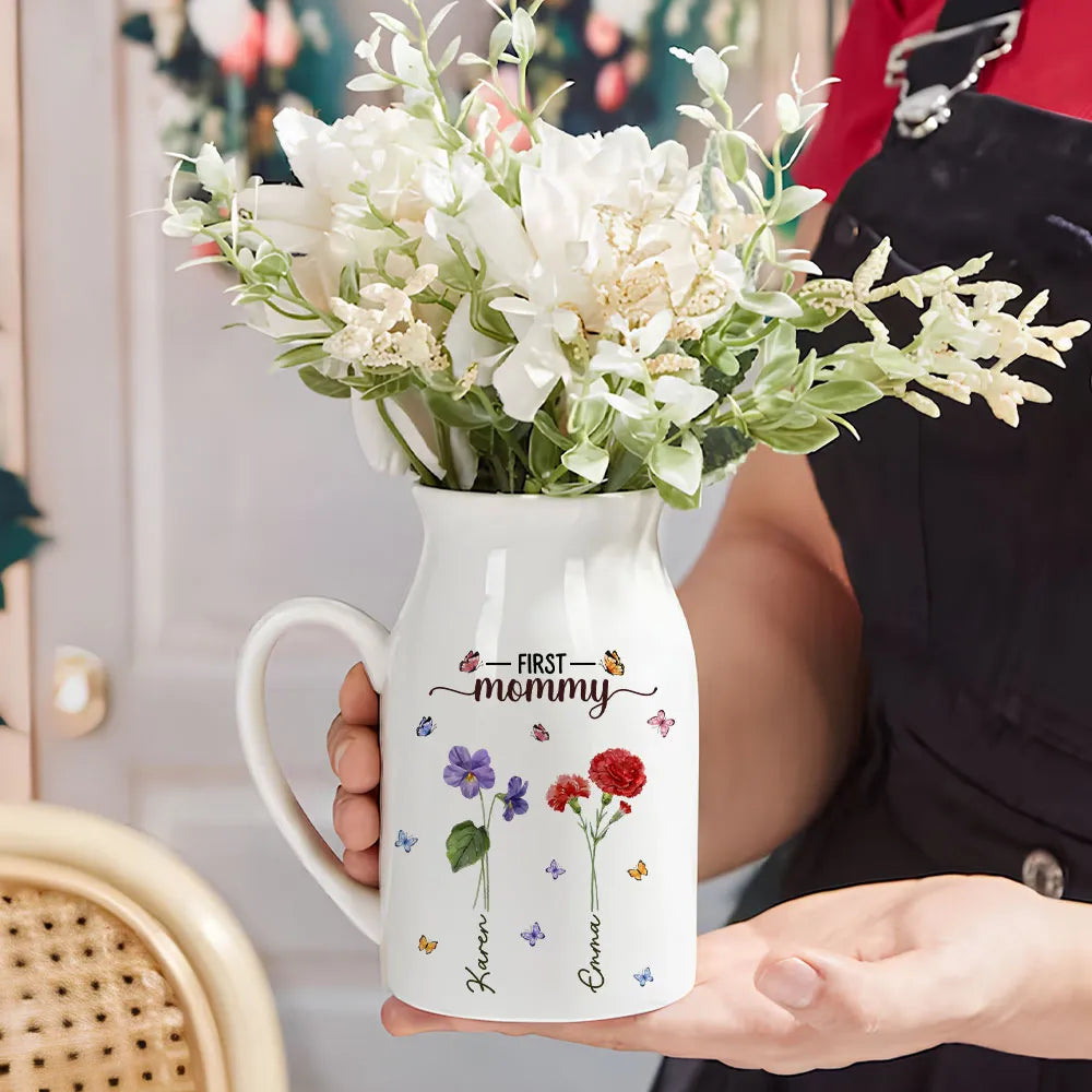 Personalized Handled Vase First Mom Now Grandma Floral Butterfly Design - Unique Gift for Mom or Grandma with Heartfelt Message