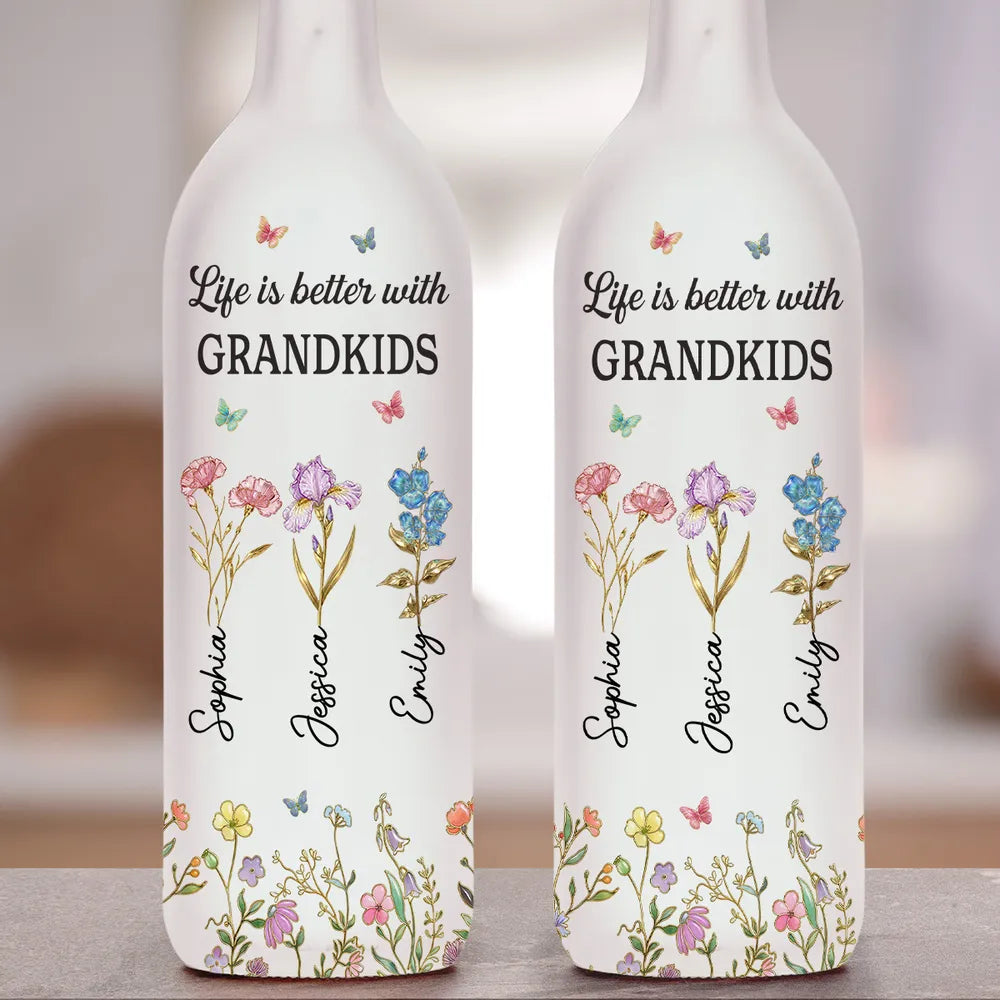 Bottle Lamp Personalized for Grandkids, Soft Warm Ambient Light with Wildflowers, Thoughtful Home Decor Gift for Grandma