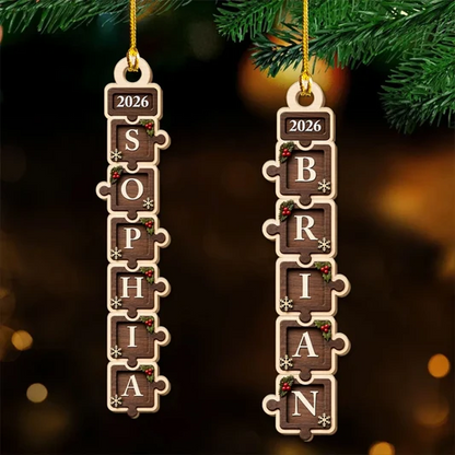 Personalized Wooden Ornament, Rustic Stacked Letter Design for Christmas Tree Decor, Unique Family Gift