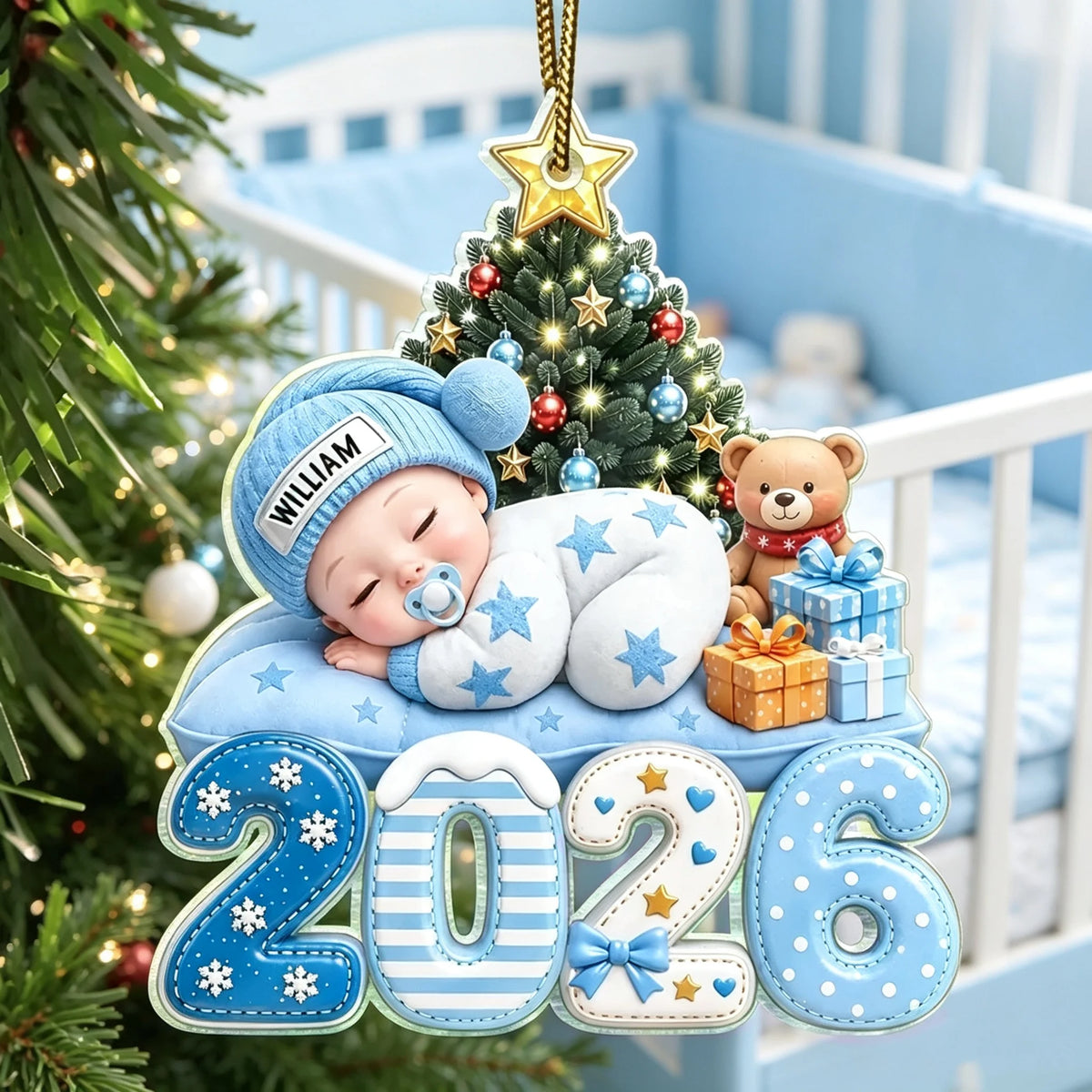 Personalized Acrylic Ornament, Sleeping Baby Beside a Christmas Tree, Unique Gift for New Parents