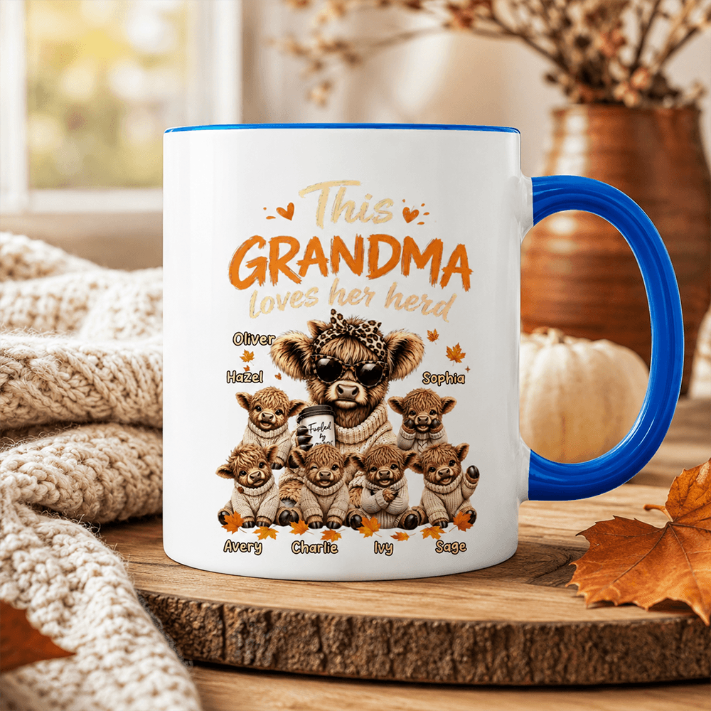 This Grandma Loves Her Herd Two-Tone Mug with Coffee-Holding Cow, Personalized Creative Gift for Grandma