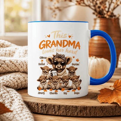 This Grandma Loves Her Herd Two-Tone Mug with Coffee-Holding Cow, Personalized Creative Gift for Grandma