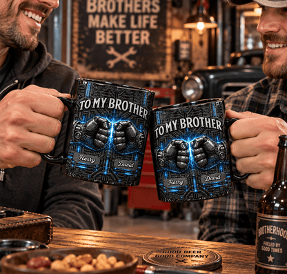 Personalized To My Brother Full Color Mug, Electric Blue Cyberpunk Fist Design, Custom Names Gift for Brother