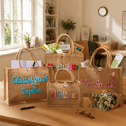 Personalized Crochet Burlap Tote with Colorful Lettering, Creative Gift for Teacher from Student