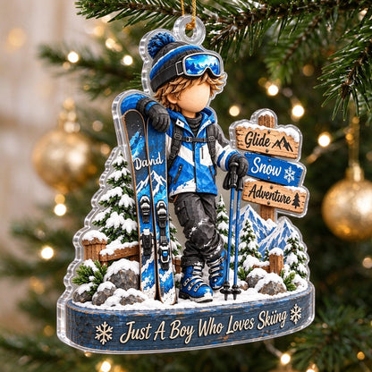 Personalized Skiing Christmas Ornament, Custom Name Boy or Girl Skier in Snowy Mountains, Winter Sports Gift for Ski Lovers