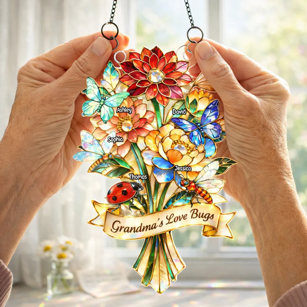 Personalized Acrylic Suncatcher Ornament Grandma's Love Bugs Bouquet for Window Decor, Unique Gift for Grandma
