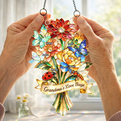 Personalized Acrylic Suncatcher Ornament Grandma's Love Bugs Bouquet for Window Decor, Unique Gift for Grandma