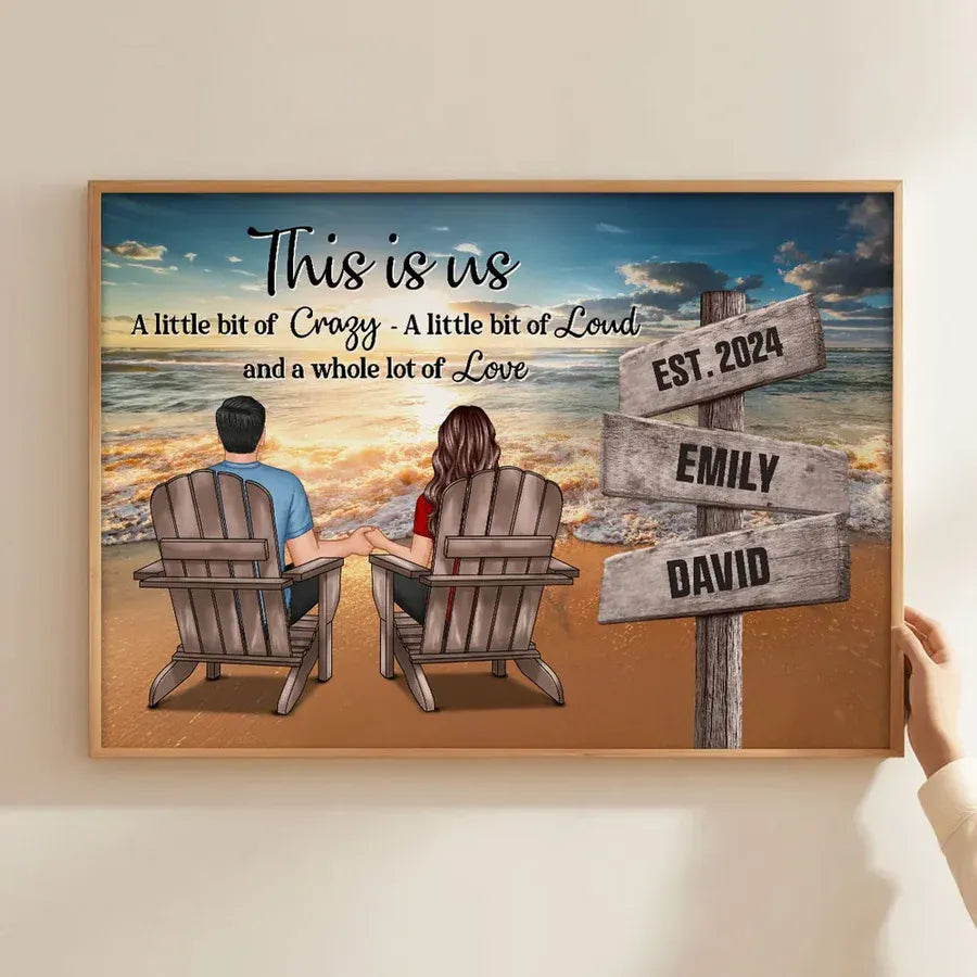 Romantic Beach Landscape Couple Sitting Holding Hands Sign Posts Personalized Poster or Plaque or Keychain or Ornament, Home Decoration, Gift For Him, For Her