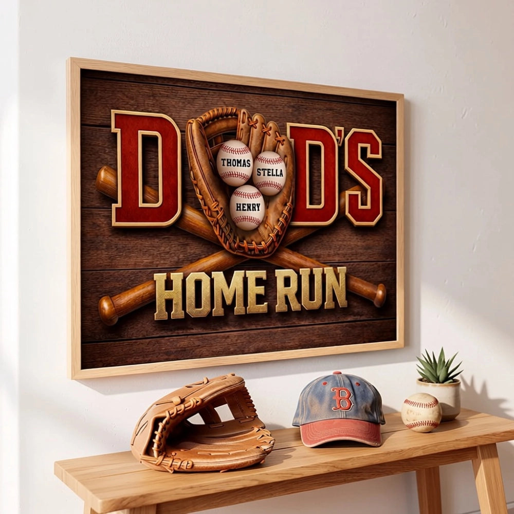 Home Run Dad Poster, Personalized Baseball Wall Art With Custom Names, Meaningful Gift for Dad's Office or Man Cave