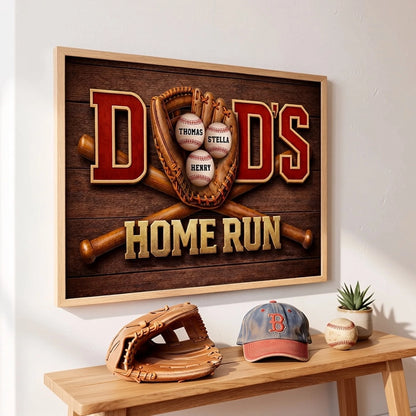 Home Run Dad Poster, Personalized Baseball Wall Art With Custom Names, Meaningful Gift for Dad's Office or Man Cave