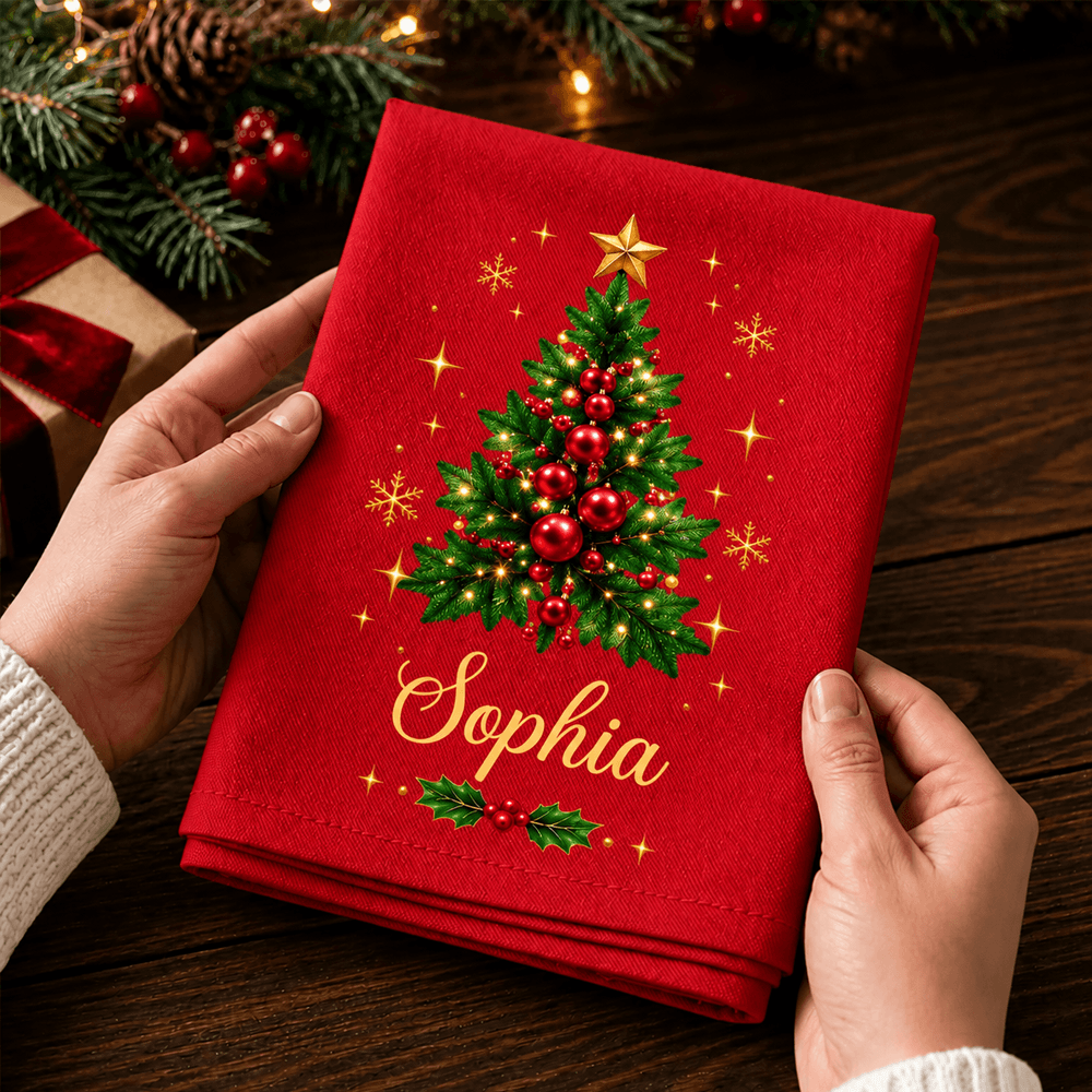 Personalized Christmas Tree Cotton Napkin with Custom Name, Elegant Gold Accents, Festive Holiday Table Decor