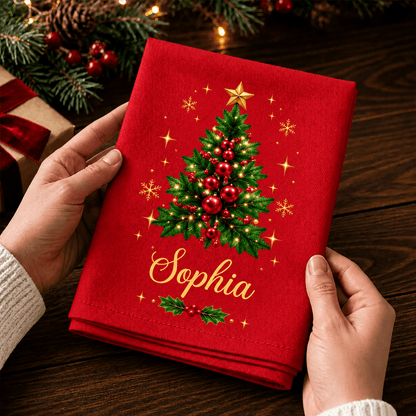 Personalized Christmas Tree Cotton Napkin with Custom Name, Elegant Gold Accents, Festive Holiday Table Decor